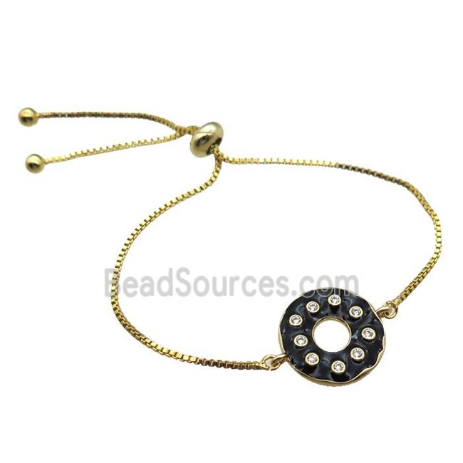 black enameling copper bracelet paved zircon, donut, gold plated