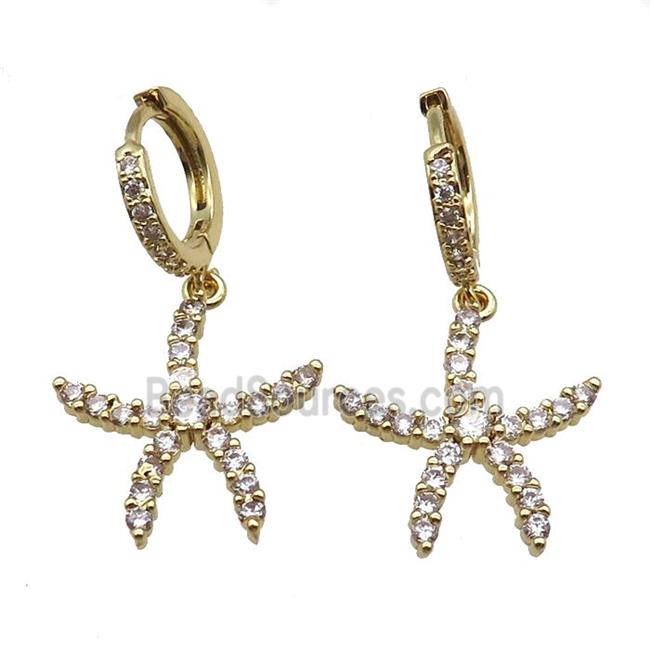 copper Hoop Earrings paved zircon, starfish, gold plated