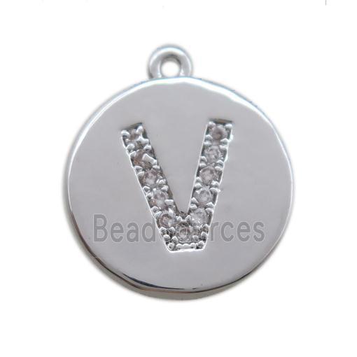 copper letter-V pendant paved zircon, platinum plated