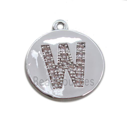 copper letter-W pendant paved zircon, platinum plated