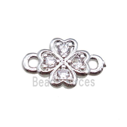 copper clover connector paved zircon, platinum plated