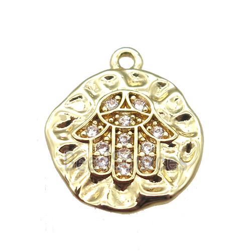 copper hamsahand pendant paved zircon, gold plated