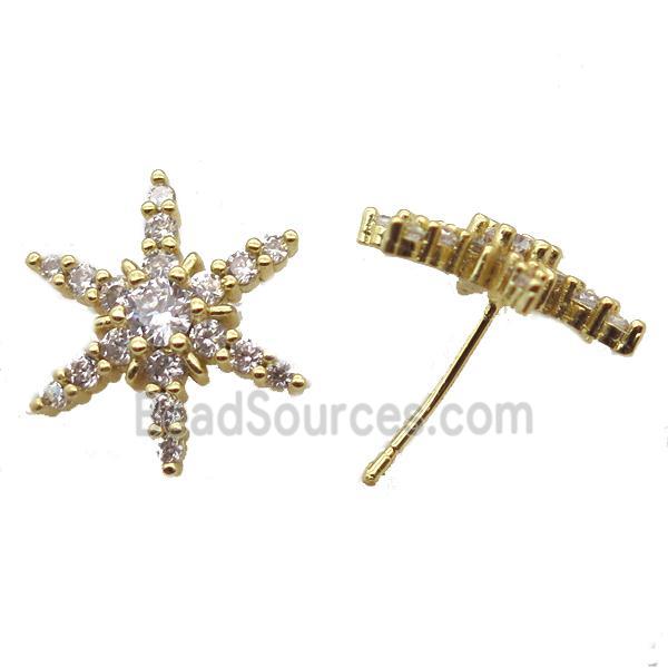 copper stud Earrings pave zircon, star, gold plated