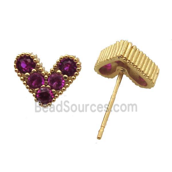 copper stud Earrings pave zircon, heart, gold plated