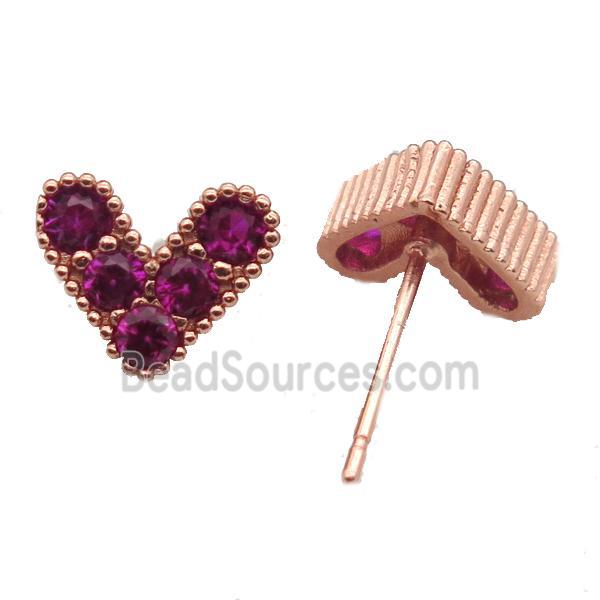 copper stud Earrings pave zircon, heart, rose gold