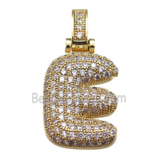 copper letter-E pendant paved zircon, gold plated