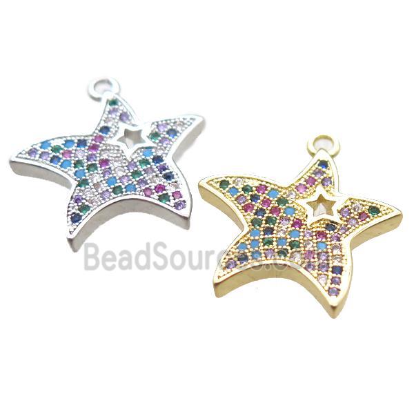 copper starfish pendant paved zircon, mixed color