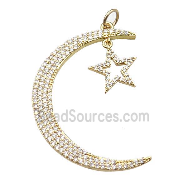 copper moon star pendant paved zircon, gold plated