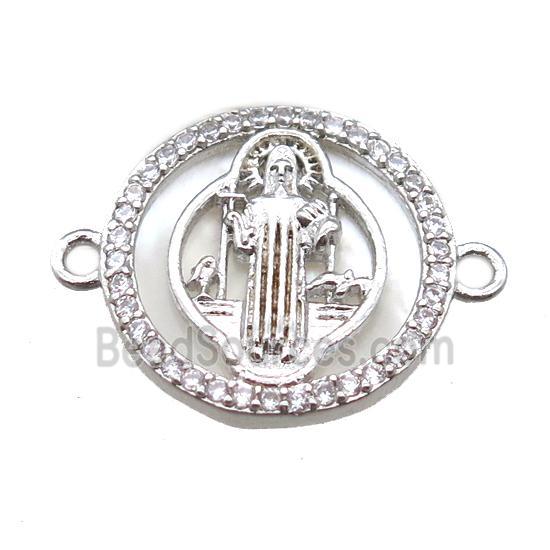 copper circle connector paved zircon, Jesus, platinum plated