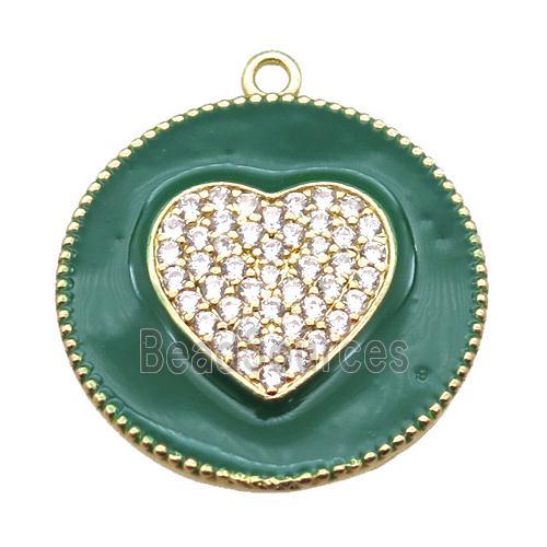 copper heart pendant pave zircon with green enameling, gold plated