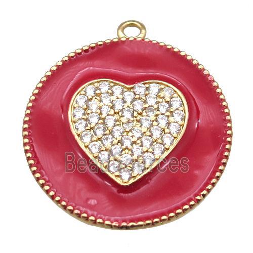 copper heart pendant pave zircon with red enameling, gold plated