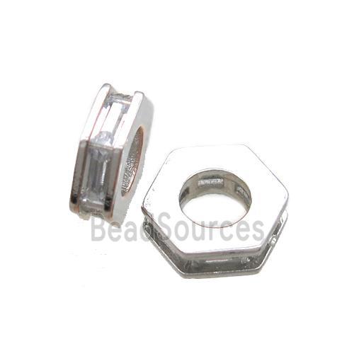 copper hexagon beads paved zircon, platinum plated