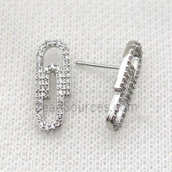 copper studs Earrings paved zircon, platinum plated