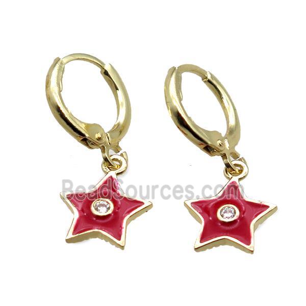 copper Hoop Earrings paved zircon, red enameling star, gold plated