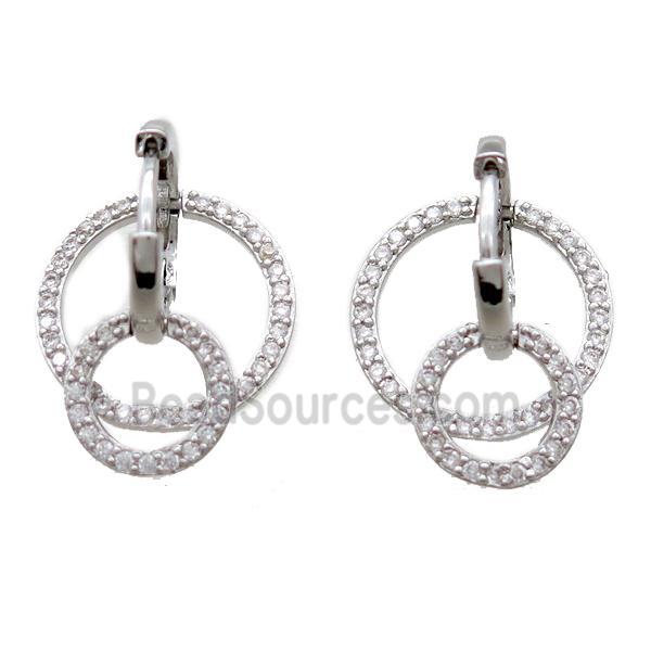 copper Hoop Earrings paved zircon, circle, platinum plated