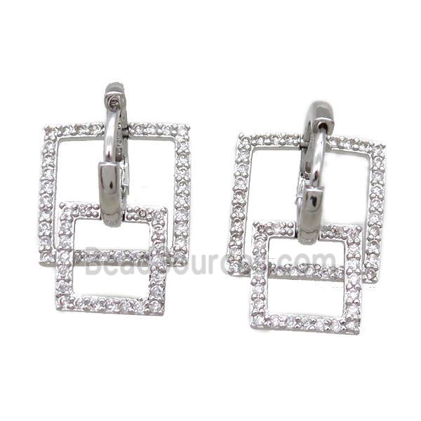 copper huggie Hoop Earrings paved zircon, square, platinum plated