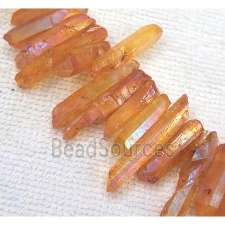 clear quartz bead, stick. freeform, orange AB-color