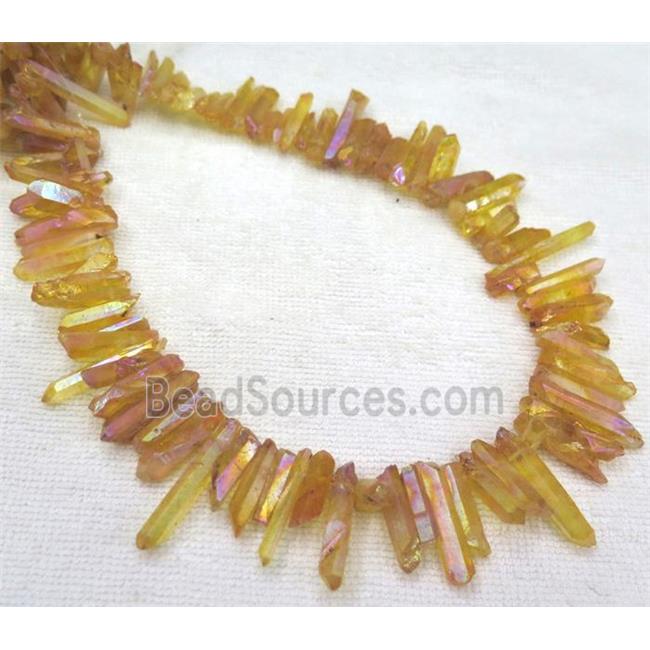 clear quartz bead, stick. freeform, orange AB-color