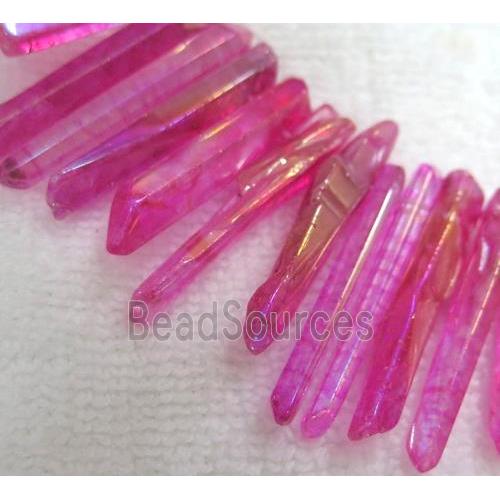 polished Clear Quartz stick beads, freeform, hotpink