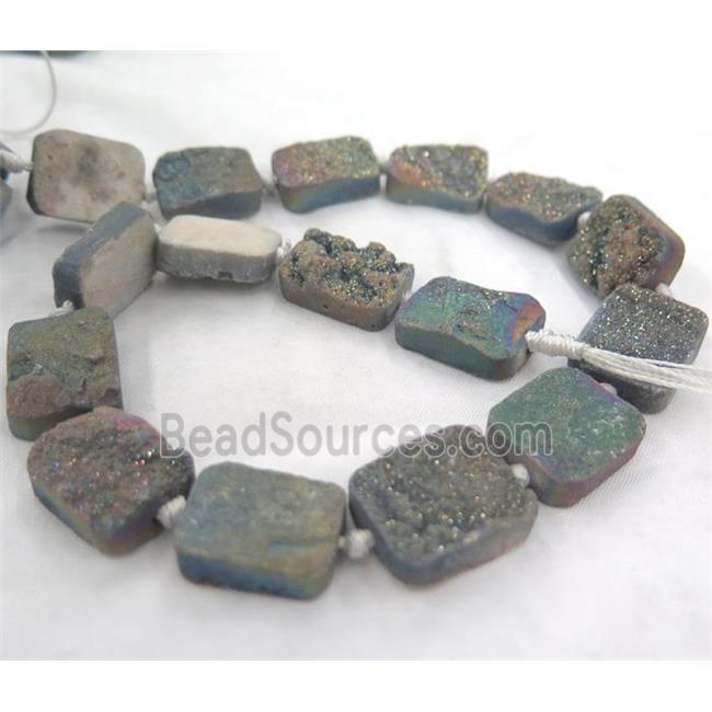 druzy quartz beads, rectangle, rainbow electroplated