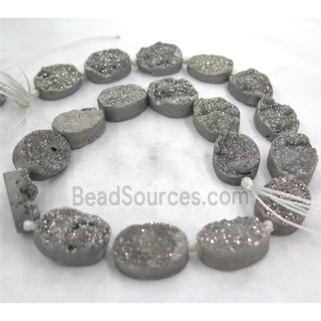 druzy quartz bead, oval, silver electroplated