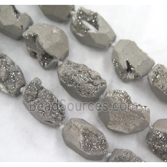 agate druzy beads, freeform, silver electroplated