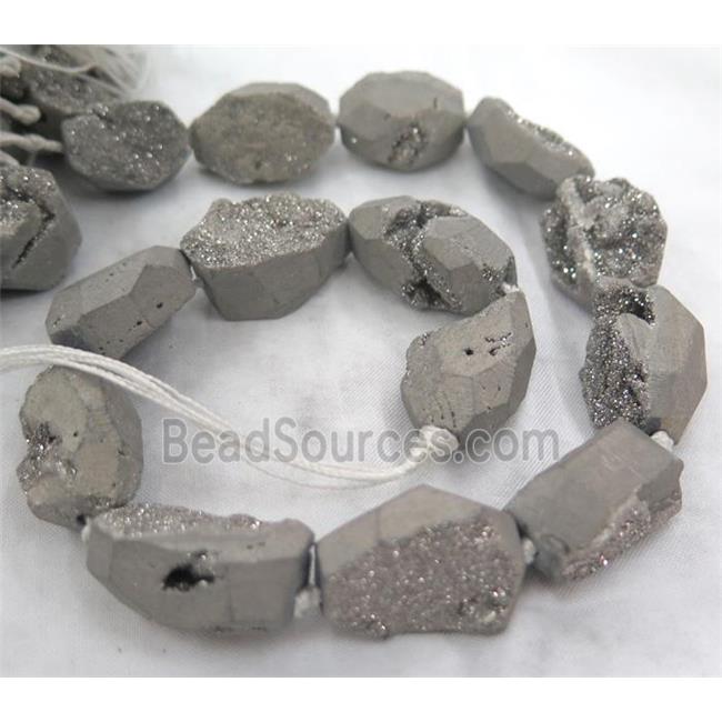 agate druzy beads, freeform, silver electroplated