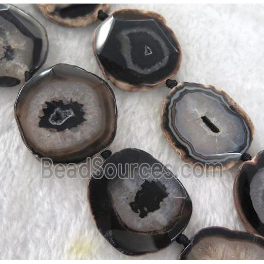 white druzy agate slab beads, freeform, black