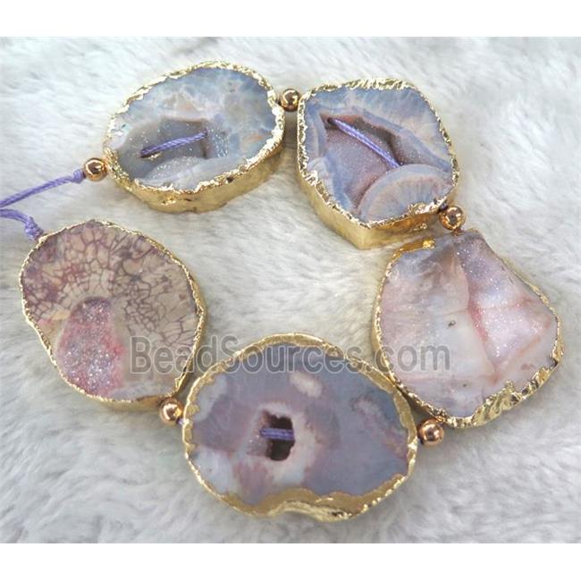 druzy Agate beads, pink, freeform, gold plated