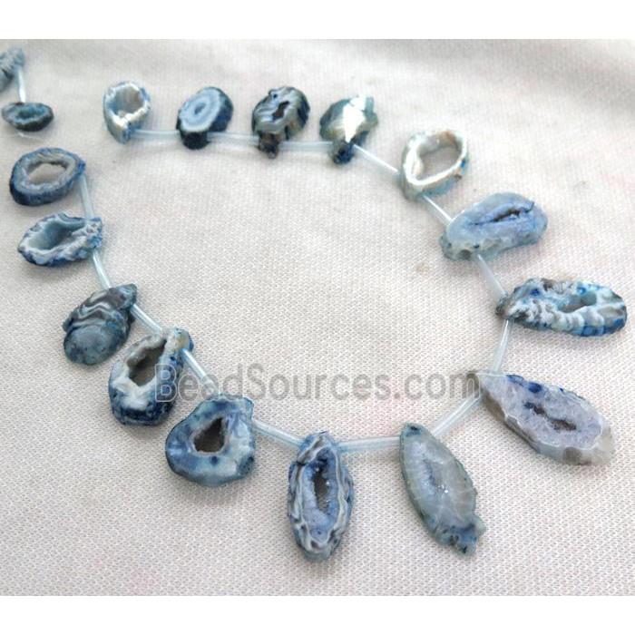 blue agate druzy geode beads, freeform, topdrilled