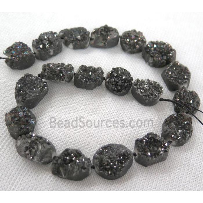 druzy quartz bead, freeform, black electroplated