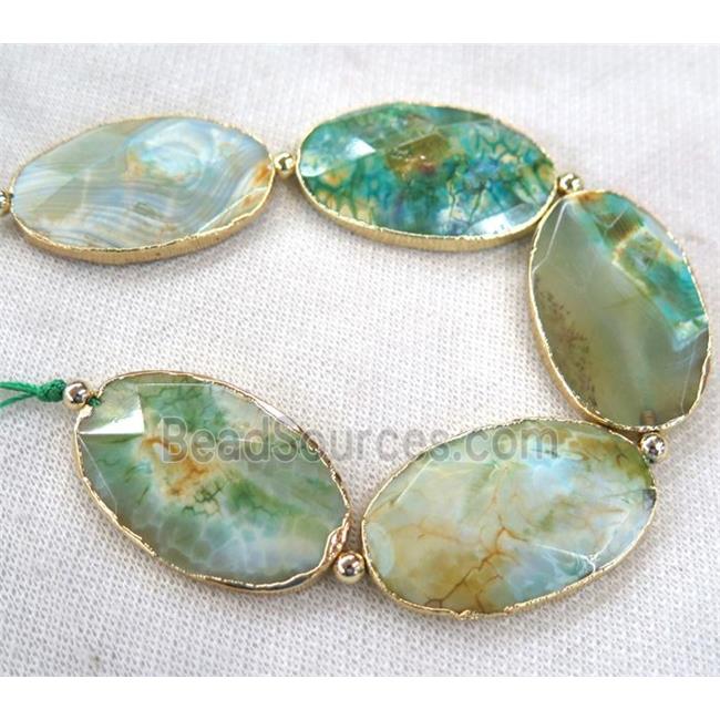 green dragon veins Agate Beads, faceted oval, gold plated