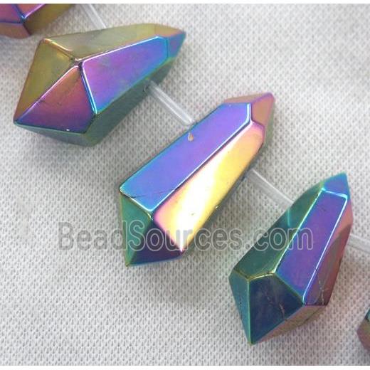 Clear Quartz Bullet Beads, top-drilled, rainbow electroplated