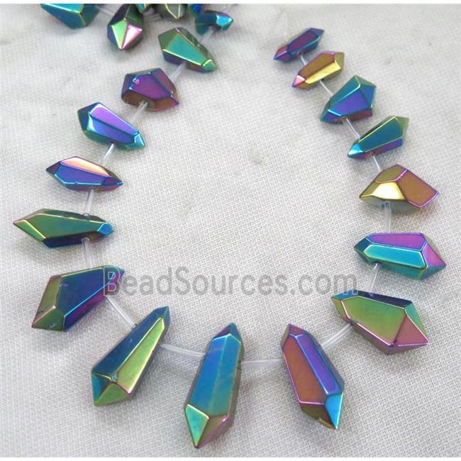 Clear Quartz Bullet Beads, top-drilled, rainbow electroplated