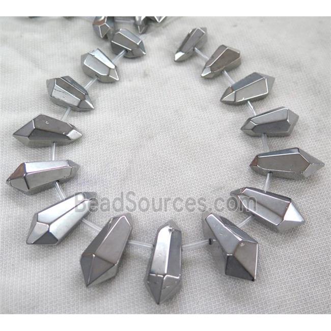 Clear Quartz Bullet Beads, top-drilled, silver electroplated