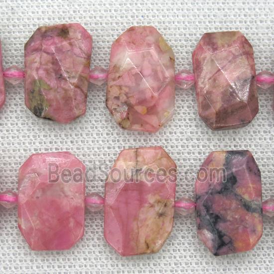 Rhodonite beads, pink, faceted rectangle