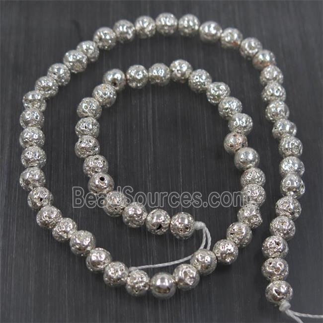 round Lava stone beads, shiny silver electroplated