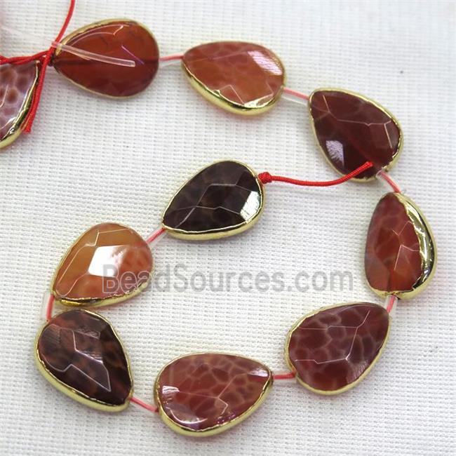 ruby fire agate beads, faceted teardrop, gold plated