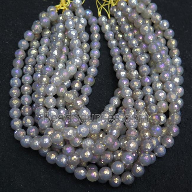 faceted round grey agate beads, AB color electroplated