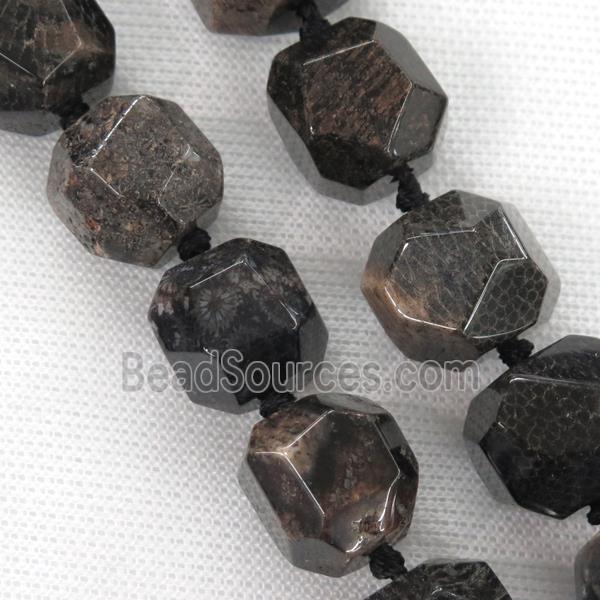 faceted round black Coral Fossil Beads