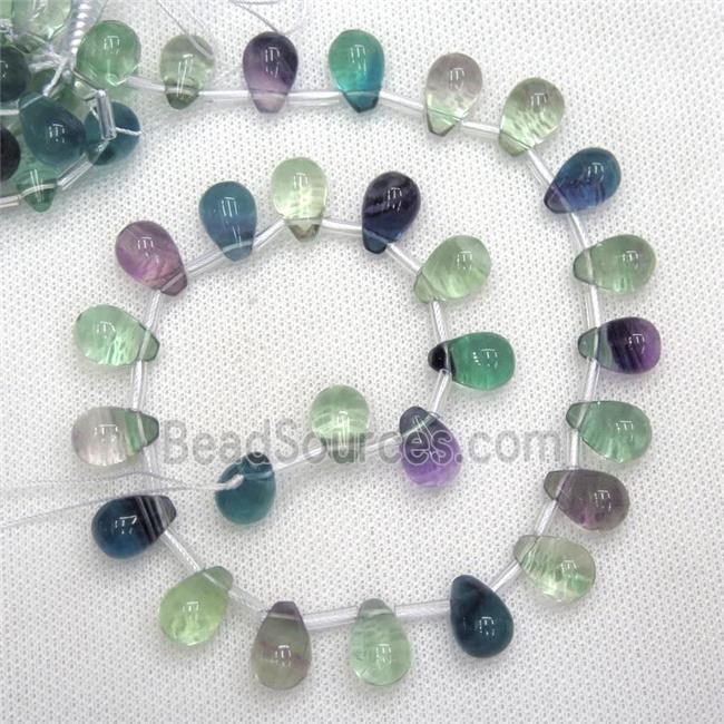 Fluorite beads, teardrop, multi-color, top-drilled