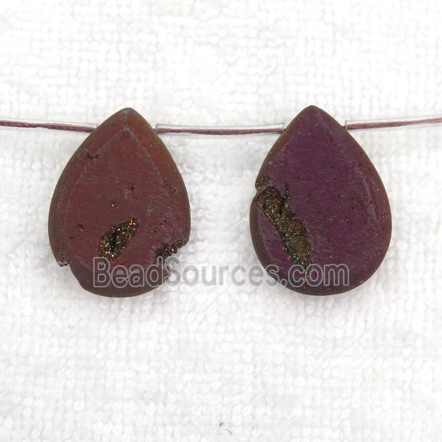 purple Druzy Agate teardrop beads, topdrilled
