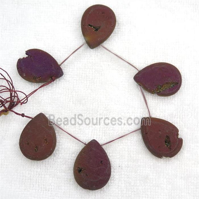 purple Druzy Agate teardrop beads, topdrilled