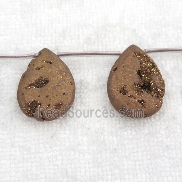 coffee Druzy Agate teardrop beads, topdrilled