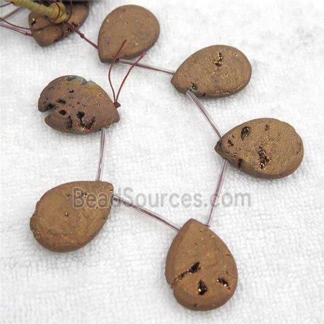 coffee Druzy Agate teardrop beads, topdrilled