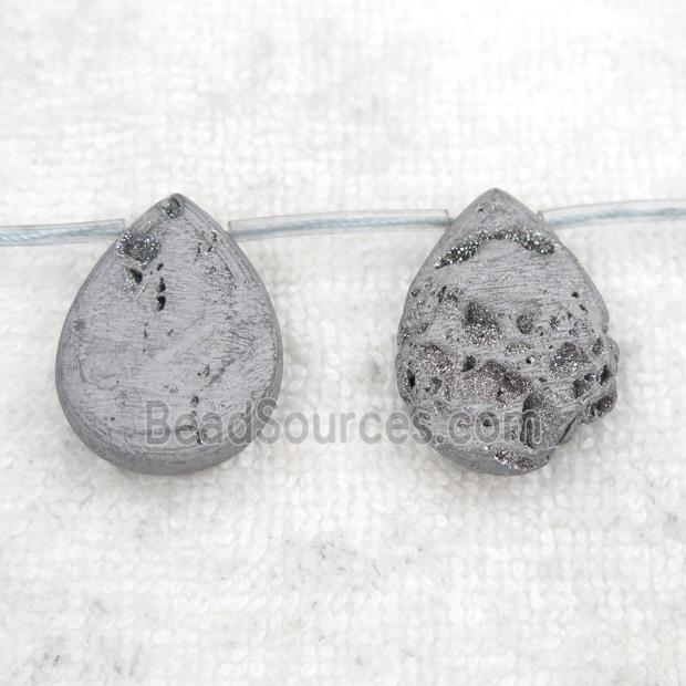 silver Druzy Agate teardrop beads, topdrilled