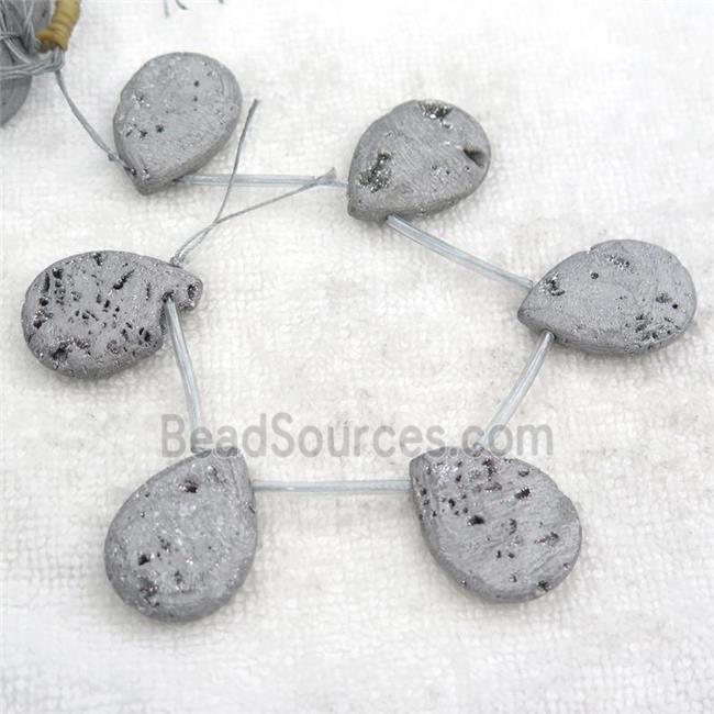 silver Druzy Agate teardrop beads, topdrilled