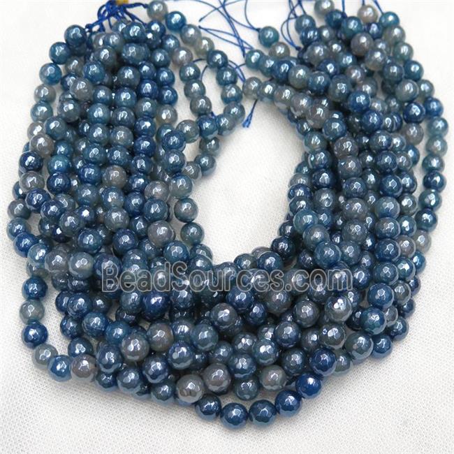 faceted round blue Agate Beads, light electroplated