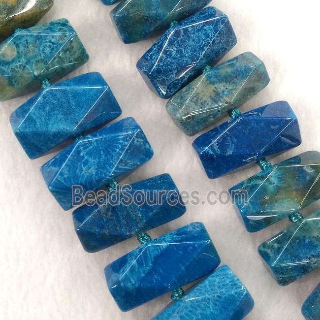 blue Coral Fossil beads, faceted cuboid