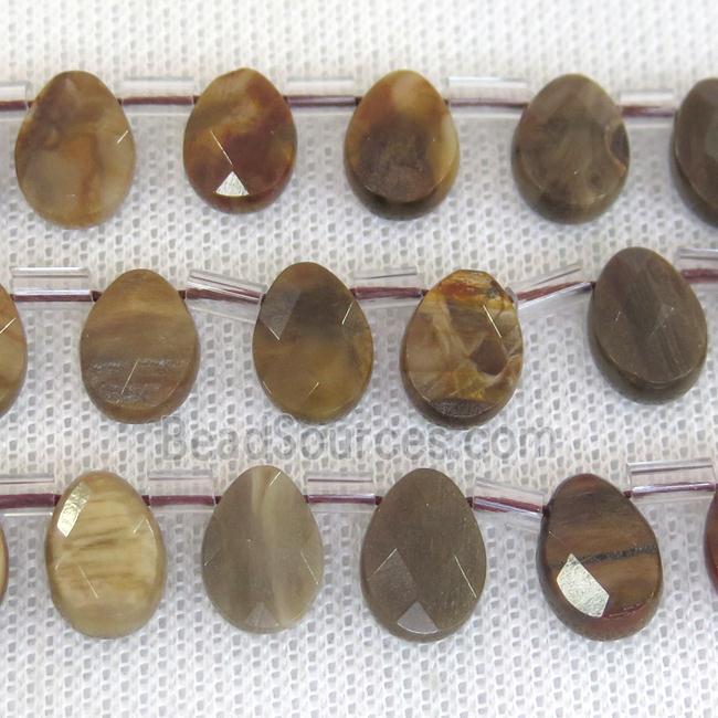 Petrified Jasper beads, faceted teardrop, top-drilled